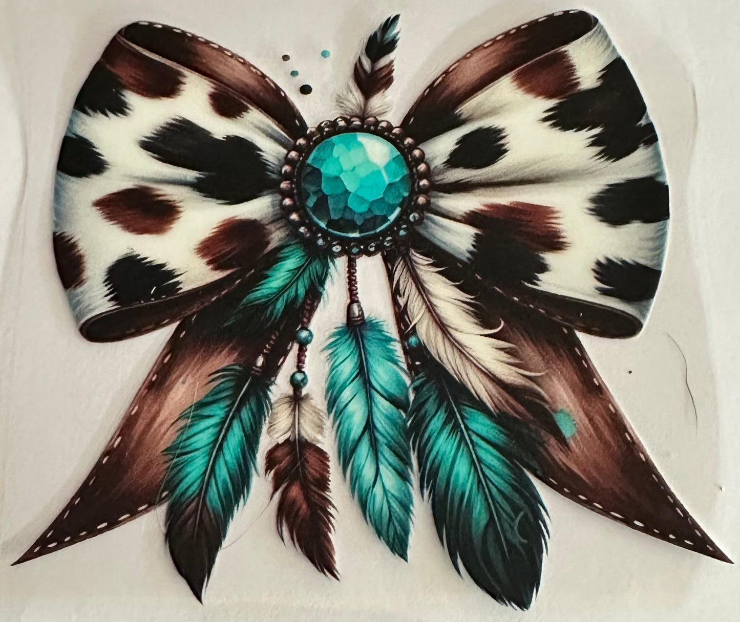 Cow Bow with Teal Feathers 048