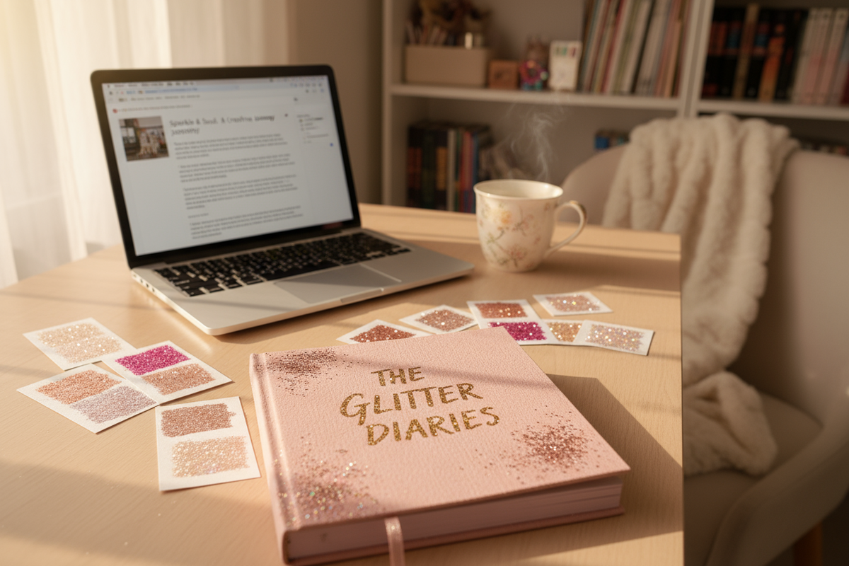 A cozy creative workspace scene with an open journal labeled “The Glitter Diaries,” a laptop showing a blog post draft, scattered glitter swatches, and a coffee mug. Warm golden lighting, blush and ivory palette, soft-focus depth — evokes reflection, artistry, and boutique charm.
