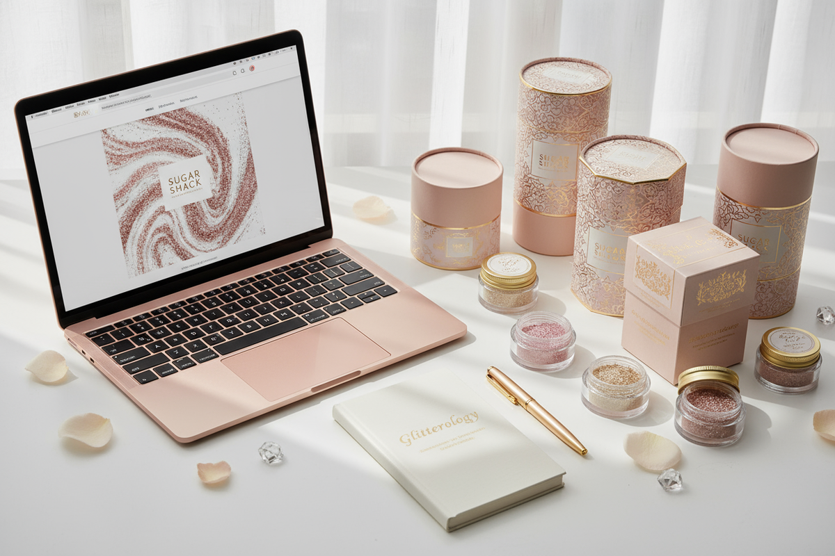 A flat lay of a feminine, creative workspace featuring a laptop displaying a glitter product page, elegant Sugar Shack-style packaging, glitter jars, a gold pen, and a notebook labeled “Glitterology.” Soft natural light, blush and ivory tones, minimal and luxurious aesthetic.