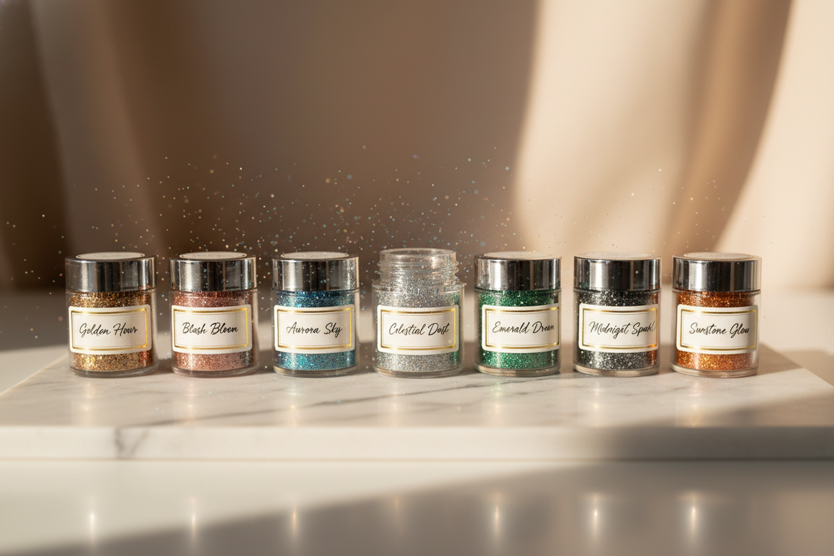 A polished product display featuring labeled glass jars of glitter with elegant tags like “Golden Hour,” “Blush Bloom,” and “Aurora Sky.” The jars sit on a marble or soft neutral background with warm lighting and delicate sparkles in the air. High-end boutique aesthetic — clean, modern, and luxurious.