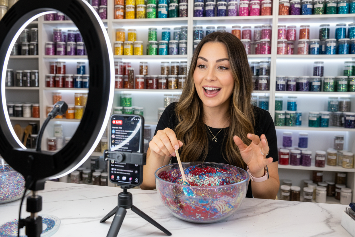 a woman is live streaming from her phone on TikTok while she blends different colored glitters together.  she is working from a marble table and pouring the glitters into a glass bowl.  behind her are shelves of multiple containers of different colored glitters.  In the forefront, you see a tripod holding her phone while she is live and a ring light for extra lighting.  She is smiling and talking to the phone camera while she is live.