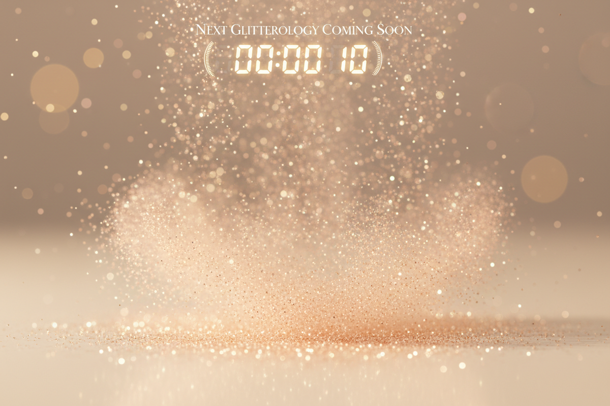 inematic shot of glitter pouring in slow motion under warm light, forming a soft shimmer cloud. Add a faint overlay of a countdown clock or text like “Next Glitterology Coming Soon.” Neutral blush and champagne tones, polished lighting, luxurious and minimal composition.