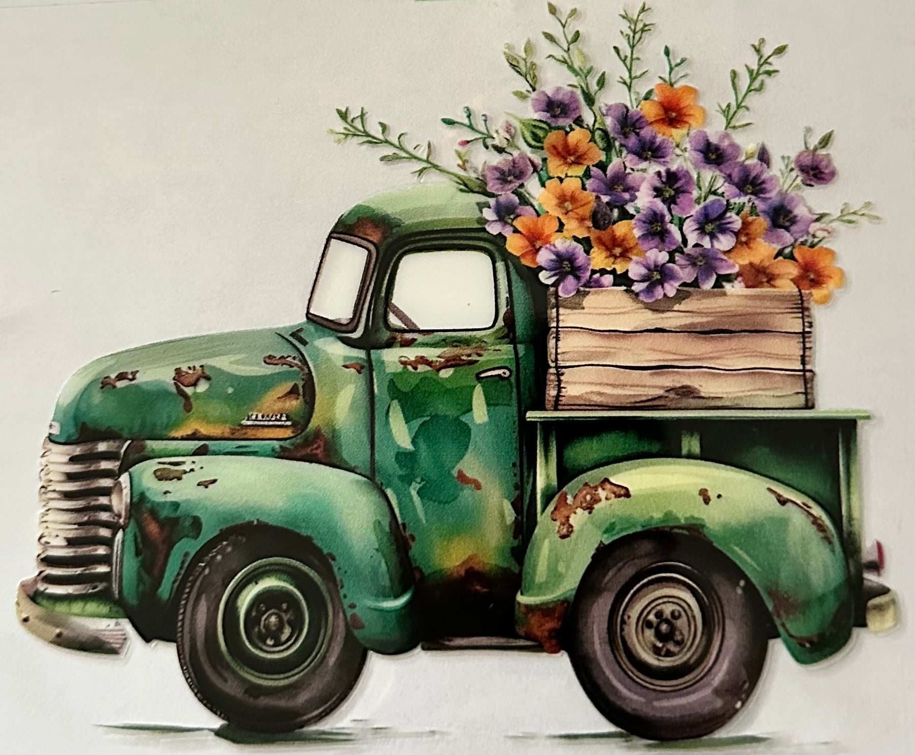 Green Truck with Flowers 078