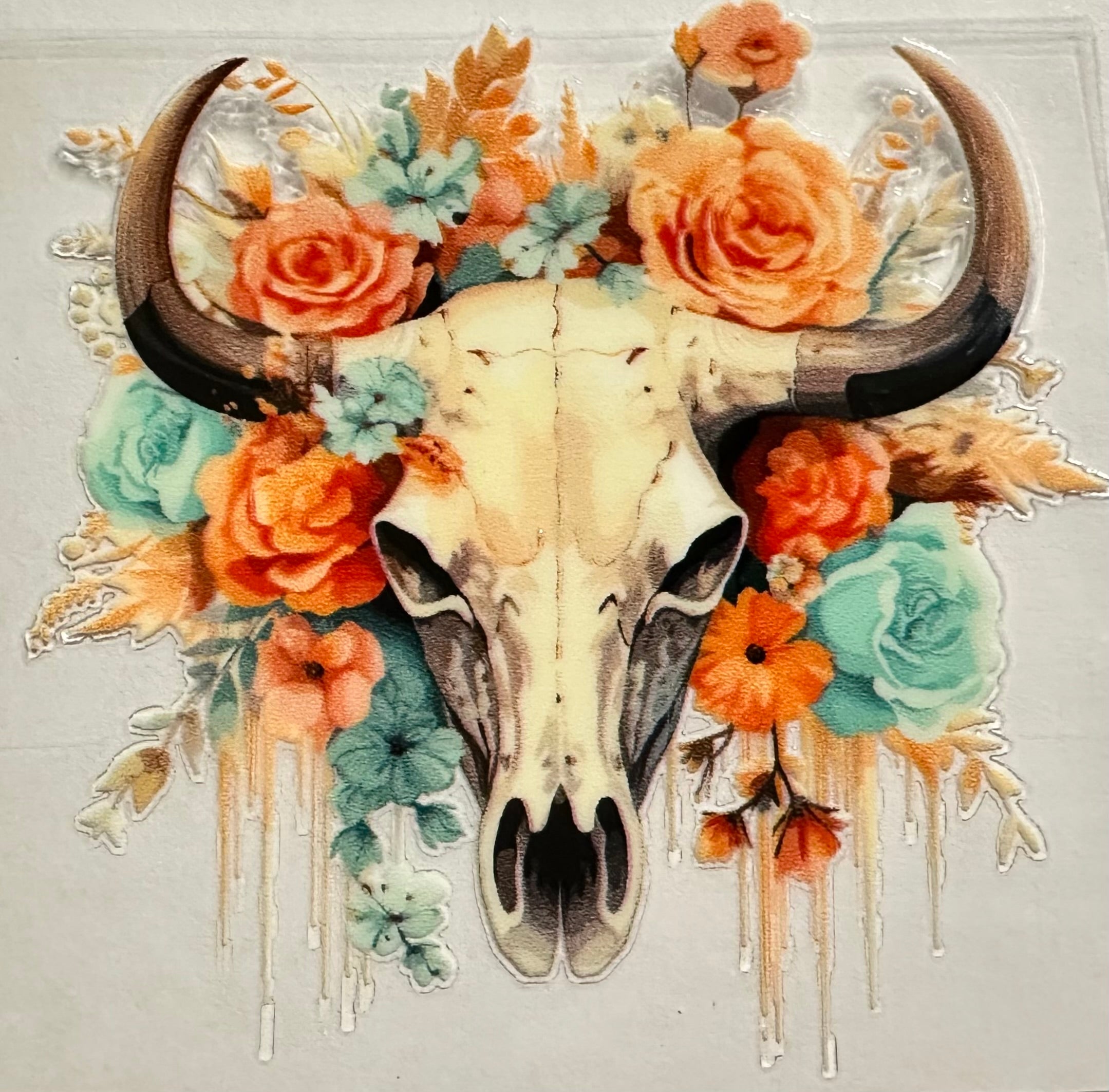 Bull Skull w/Blue & Peach Flowers-024